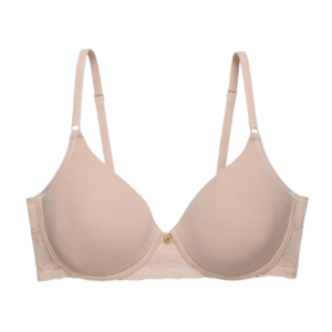 Nude bra: Light beige underwire bra with molded cups, lace side panels, adjustable straps, and a small gold charm at the center front.