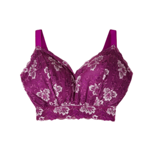 Purple floral lace bralette: Full-coverage wireless bralette in deep purple with white floral lace overlay and wide supportive band.